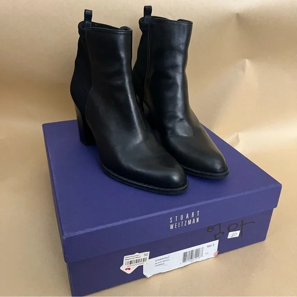 Stuart Weitzman Otherhalf Black Nappa Leather Block Heel Ankle Boots Womens 5.5 - Picture 2 of 9